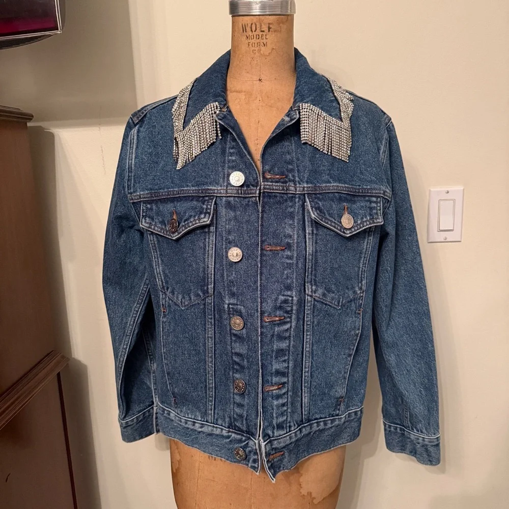 Sandro Noemie Rhinestone Fringe Denim Trucker Jacket - Picture 2 of 9